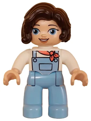 Duplo Figure Lego Ville, Female, Bright Light Blue Legs with Overalls, White Top, Dark Brown Hair (6427981)