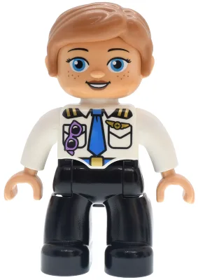 Duplo Figure Lego Ville, Female, Black Legs, White Pilot Uniform, Blue Tie, Medium Lavender Glasses, Gold Wings Badge Pattern, Medium Nougat Hair (6559786)