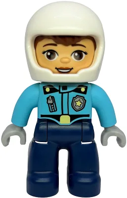 Duplo Figure Lego Ville, Female Police, Dark Blue Legs, Medium Azure Top with Badge and Zipper, White Helmet (6586684)