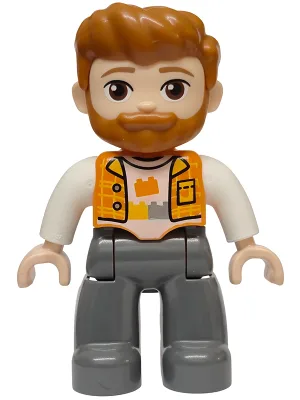 Duplo Figure Lego Ville, Male, Dark Bluish Gray Legs, Orange Vest over White Shirt with Bricks Pattern, Dark Orange Hair and Beard (6590834)