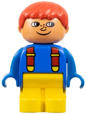 Duplo-Figur, Kind Typ 1 Junge, gelbe Beine, blaues Oberteil mit roten Hosenträgern, rote Haare, Sommersprossen, weiße Augen