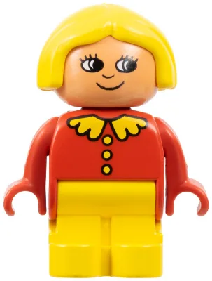 Duplo-Figur, Mädchen, Typ 1, gelbe Beine, rotes Oberteil mit Kragen und 3 Knöpfen, gelbe Haare, weiße Augen