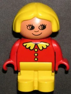 Duplo-figuurtje, kindtype 1 meisje, gele benen, rode top met kraag en 3 knoopjes, geel haar