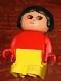 Duplo-Figur, Mädchen, Typ 1, gelbe Beine, rotes Oberteil, schwarze Haare