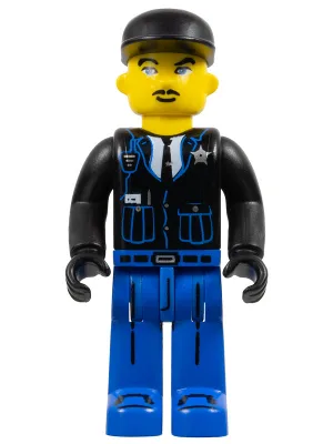 Police - Jambes bleues, veste noire, casquette noire