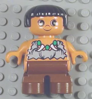 Duplo-Figur, Kind Typ 2 Mädchen, braune Beine, Halskette aus Tierzahn/Tierkralle, schwarze Haare (Höhlenmensch)