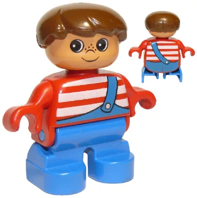 Duplo-figuur, kindtype 2 jongen, blauwe benen, rood shirt met witte strepen en blauwe overall met één bandje (4114486)