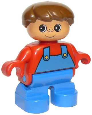 Duplo-Figur, Junge, Typ 2, blaue Beine, rotes Oberteil mit blauer Latzhose, braune Haare