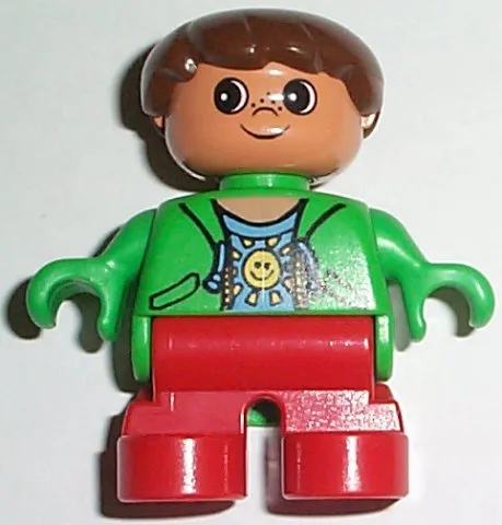 Duplo-Figur, Junge Typ 2, rote Beine, grünes Oberteil mit Sonnenmuster, braune Haare