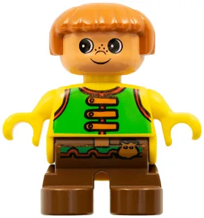 Duplo Figur, Kind Typ 2 Junge, braune Beine, hellgrüne Weste mit braunen Trägern und Gürtel mit Schärpe (4171576)