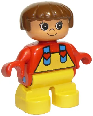 Duplo-Figur, Mädchen, Typ 2, gelbe Beine, rotes Oberteil mit gelber Latzhose und Herzen an den Trägern