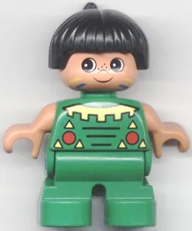 Duplo-figuurtje, kindtype 2 jongen, groene benen, groen bovenstuk, zwart haar (inheemse Amerikaan)