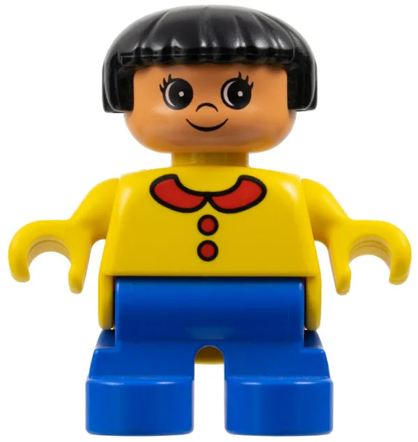 Duplo Figur, Kind Typ 2 Mädchen, blaue Beine, gelbes Oberteil mit Kragen und 2 Knöpfen, schwarze Haare (75494)