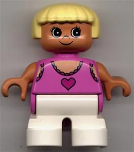 Duplo-figuurtje, kindtype 2 meisje, witte benen, donkerroze kanten topje met hartje, geel haar