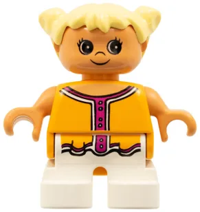 Duplo Figur, Kind Typ 2 Mädchen, weiße Beine, orange-dunkelrosa Oberteil, hellgelbe Zöpfe (4171575)