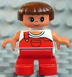Duplo-Figur, Mädchen, Typ 2, rote Beine, weißes Oberteil mit roter Latzhose mit einem Träger