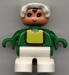 Duplo Figur, Kind Typ 2 Baby, weiße Beine, grünes Oberteil mit gelbem Lätzchen mit roter Spitze, weiße Mütze (75464)