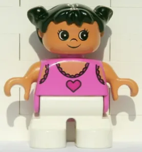 Duplo Figur, Kind Typ 2 Mädchen, weiße Beine, dunkelrosa Spitzentop mit Herz, schwarze Zöpfe (4143103)