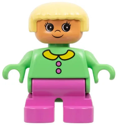 Duplo-figuur - Vrouwelijk, Kindmeisje, Donkerroze benen, Middelgroen topje met kraag en knoopjes, Lichtgeel haar, Nougatkleurig hoofd (75463)