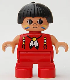 Duplo-Figur, Mädchen, Typ 2, rote Beine, rotes Oberteil mit Federkette, schwarze Haare mit Feder (Indianerin)