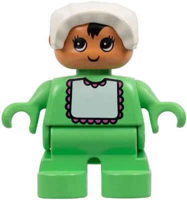 Figurine Duplo - Femme, Bébé, Jambes vert moyen, Haut vert moyen à motif bavoir, Bonnet blanc, Tête couleur nougat (75479)