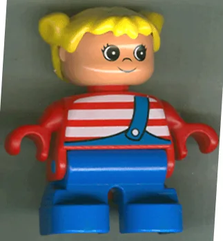 Duplo-Figur, Mädchen, Typ 2, blaue Beine, rotes Oberteil mit weißen Streifen, gelbe Zöpfe