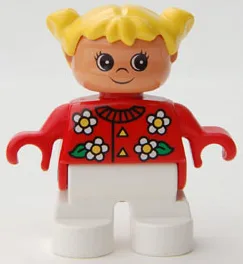 Duplo-figuurtje, kindtype 2 meisje, witte benen, rood topje met bloemenpatroon, kraag en 2 knoopjes, gele haarvlechtjes
