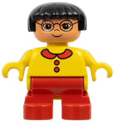 Duplo-figuur - Vrouwelijk, Kindmeisje, Rode benen, Geel topje met kraag en knoopjes, Zwart haar, Nougatkleurig hoofd (75501)