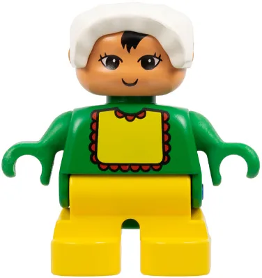 Figurine Duplo - Femme, Bébé, Jambes jaunes, Haut vert à motif bavoir, Bonnet blanc, Tête couleur nougat (75502)