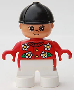 Duplo-Figur, Mädchen Typ 2, weiße Beine, rotes Oberteil mit weißen Blumen, schwarzer Reithut