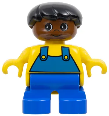 Figurine Duplo - Homme, garçon, jambes bleues, haut jaune à motifs salopette, cheveux noirs, tête marron (75507)