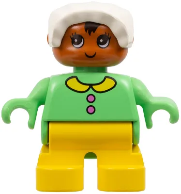 Figurine Duplo - Femme, Bébé, Jambes jaunes, Haut vert moyen à col et boutons, Bonnet blanc, Tête orange foncé (75514)