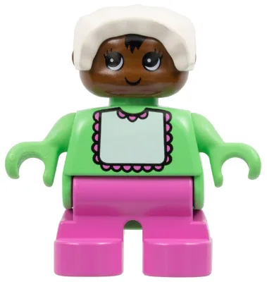 Figurine Duplo - Femme, Bébé, Jambes rose foncé, Haut vert moyen à motif bavoir, Bonnet blanc, Tête marron (75508)