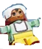 Duplo-figuur, kind type 2 baby, gele benen, lichtgroen topje met witte slab met donkerroze kant, witte muts (75702)