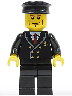 Airport - Pilot with Red Tie and 6 Buttons, Black Legs, Black Hat, Vertical Cheek Lines