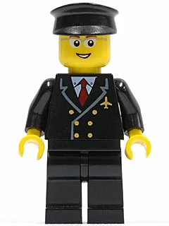 Aéroport - Pilote avec cravate rouge et six boutons, pantalon noir, chapeau noir, lunettes, sourire à pleine bouche