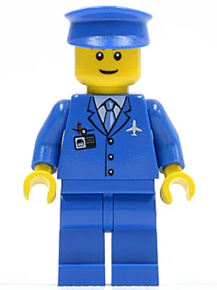 Luchthaven - Blauw jasje met 3 knopen en stropdas, blauwe hoed, blauwe benen (wenkbrauwen niet duidelijk)