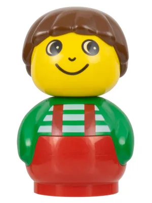 Figurine Primo Garçon avec socle rouge, haut vert à bretelles rouges à rayures blanches, cheveux bruns (4119395)