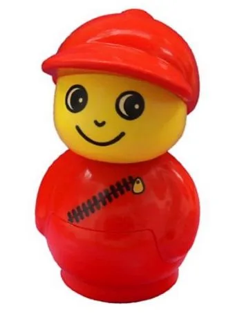 Figurine Primo Garçon avec socle rouge, haut rouge à fermeture éclair diagonale et casquette rouge