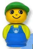 Figurine Primo Garçon avec socle bleu, haut vert citron, salopette bleue et chapeau vert