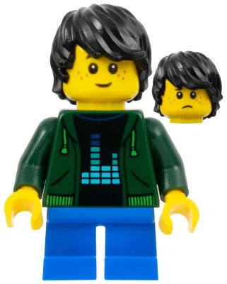 Child - Boy, Dark Green Hoodie, Blue Short Legs, Black Tousled Hair, Freckles