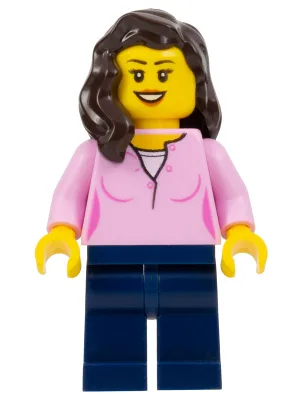 Female, Bright Pink Top, Dark Blue Legs, Dark Brown Hair