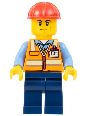 Construction Worker - Male, Orange Safety Vest with Reflective Stripes, Dark Blue Legs, Red Construction Helmet, Smirk