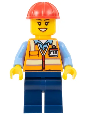 Construction Worker - Female, Orange Safety Vest with Reflective Stripes, Dark Blue Legs, Red Construction Helmet (Crane Operator)
