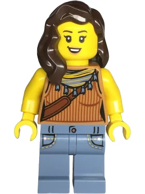 Snack Shack Patron - Female, Medium Nougat Tank Top, Sand Blue Legs with Pockets, Dark Brown Hair