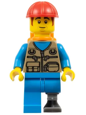 Train Worker Robert - Dark Tan Vest, Dark Azure Legs, Prosthetic Left Leg, Orange Air Tanks, Construction Helmet
