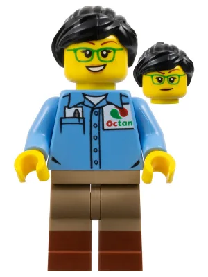 Train Worker Julia - Medium Blue Octan Shirt, Dark Tan Legs with Reddish Brown Boots, Green Glasses, Black Ponytail