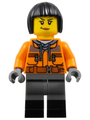 Train Worker Samantha - Orange Jacket, Dark Bluish Gray Legs with Black Boots, Black Bob Cut Hair