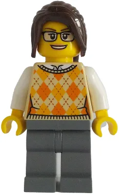 Ticket Vendor - Female, Tan Knit Argyle Sweater Vest, Dark Bluish Gray Legs, Dark Brown Hair Ponytail Long with Side Bangs, Glasses