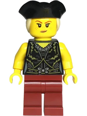 Pirate - Female, Black Dress Top, Dark Red Legs, Black Tricorne Hat with Tan Ponytail